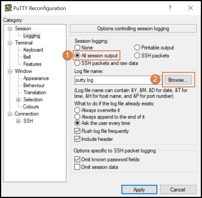 Putty: Simple trick to log all session output by default